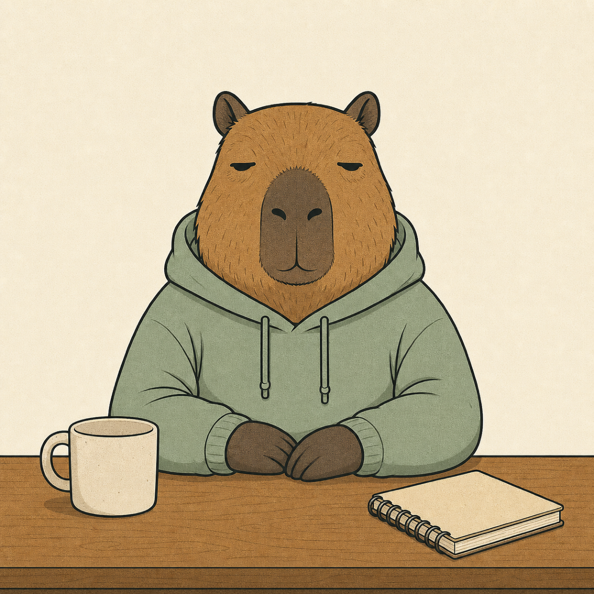Illustration of a calm capybara in a sage hoodie sitting at a desk with a mug and notebook
