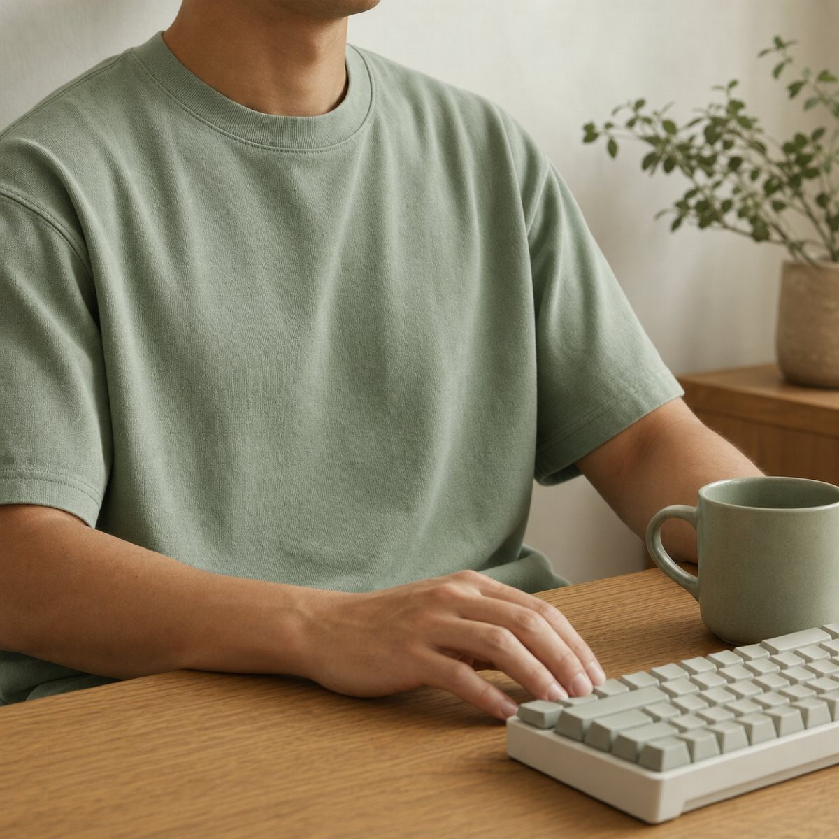 Person in a relaxed-fit sage green t-shirt at an oak desk with a mechanical keyboard and ceramic mug