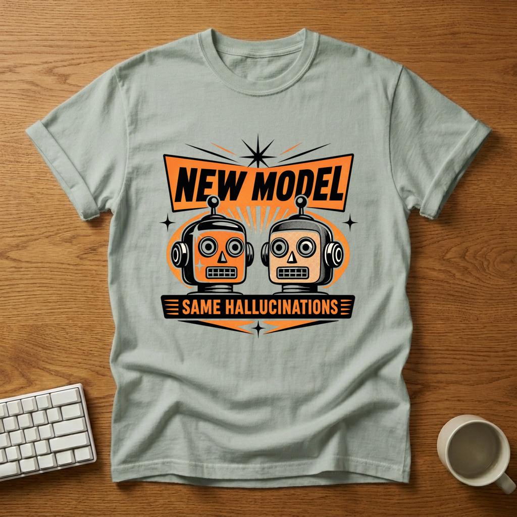 [needlepod-mockup:mck_01KZRNHDFE0N3JVG888C6TGCEA] New Model Same Hallucinations Retro Robot Tee