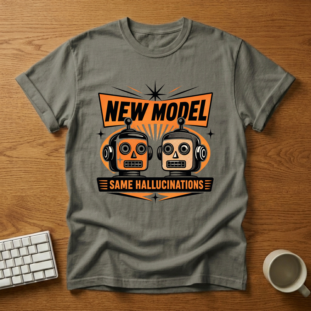 [needlepod-mockup:mck_01KZRNHDFEVHG4QPRRSK1BAWJ9] New Model Same Hallucinations Retro Robot Tee