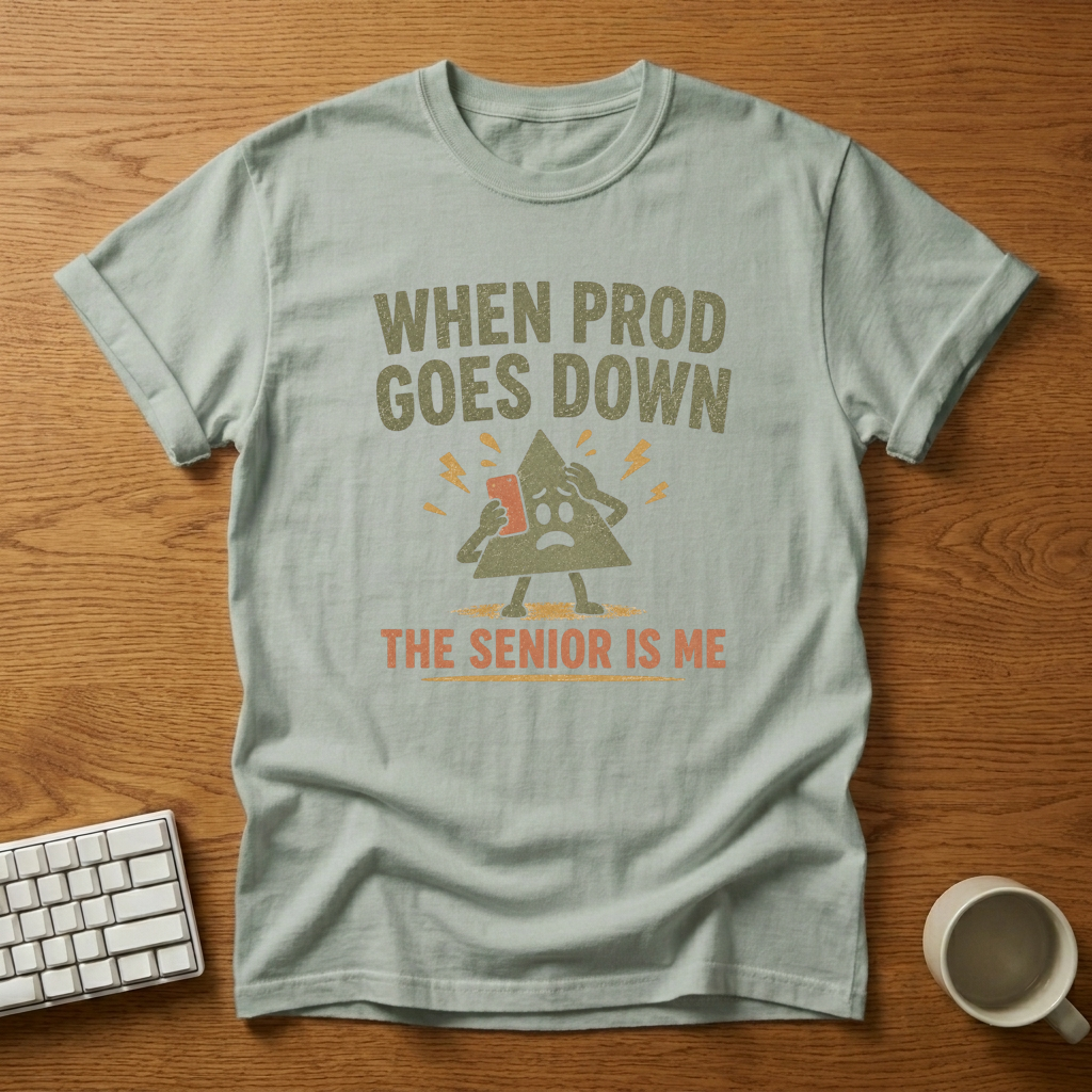 [needlepod-mockup:mck_01KZRNJ4C5XT38ZYPG1WGXTRBX] When Prod Goes Down The Senior Is Me