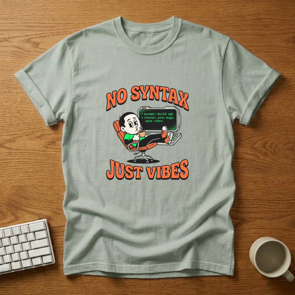 [needlepod-mockup:mck_01KZRNE2HZ68ZWRT12TYJSSTF1] No Syntax Just Vibes Programmer Tee