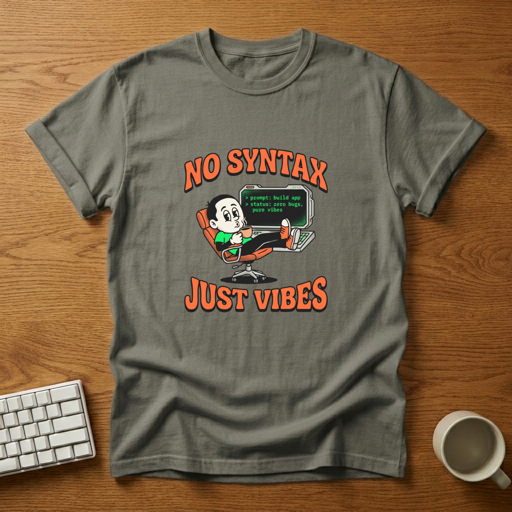 [needlepod-mockup:mck_01KZRNE2J01JK7N5ZTND075AED] No Syntax Just Vibes Programmer Tee