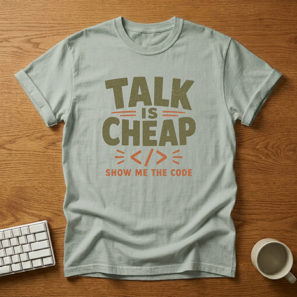 [needlepod-mockup:mck_01KZRNE2K2YZARES6FDM23VR3J] Talk Is Cheap Show Me The Code Programmer Tee