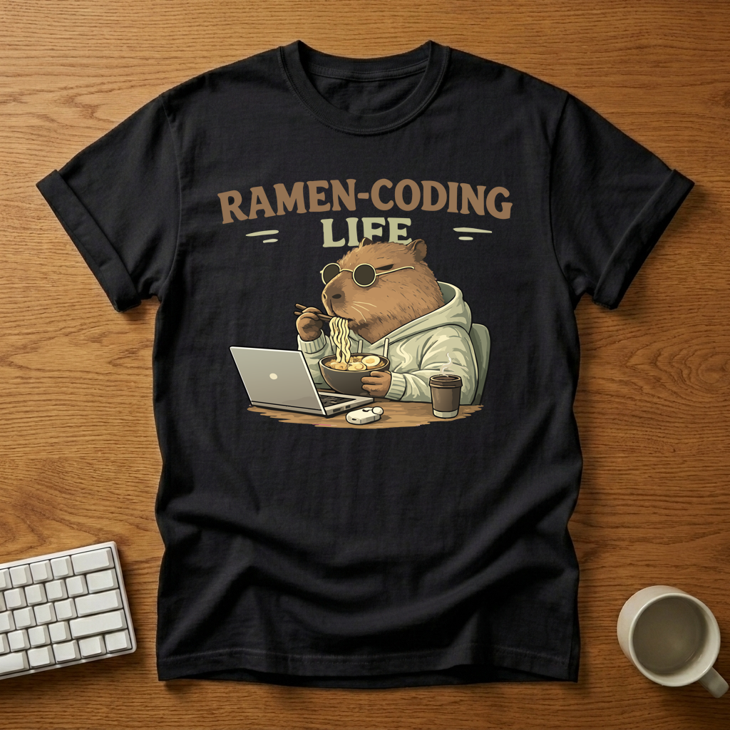 [needlepod-mockup:mck_01KZYVG1241F00VEERJARXVV9X] Ramen Coding Life Capybara
