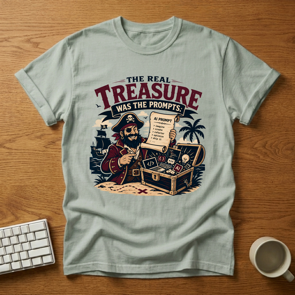 [needlepod-mockup:mck_01KZT0DTCGDRMCQNBRA8VHQJVM] The Real Treasure Was The Prompts T-Shirt