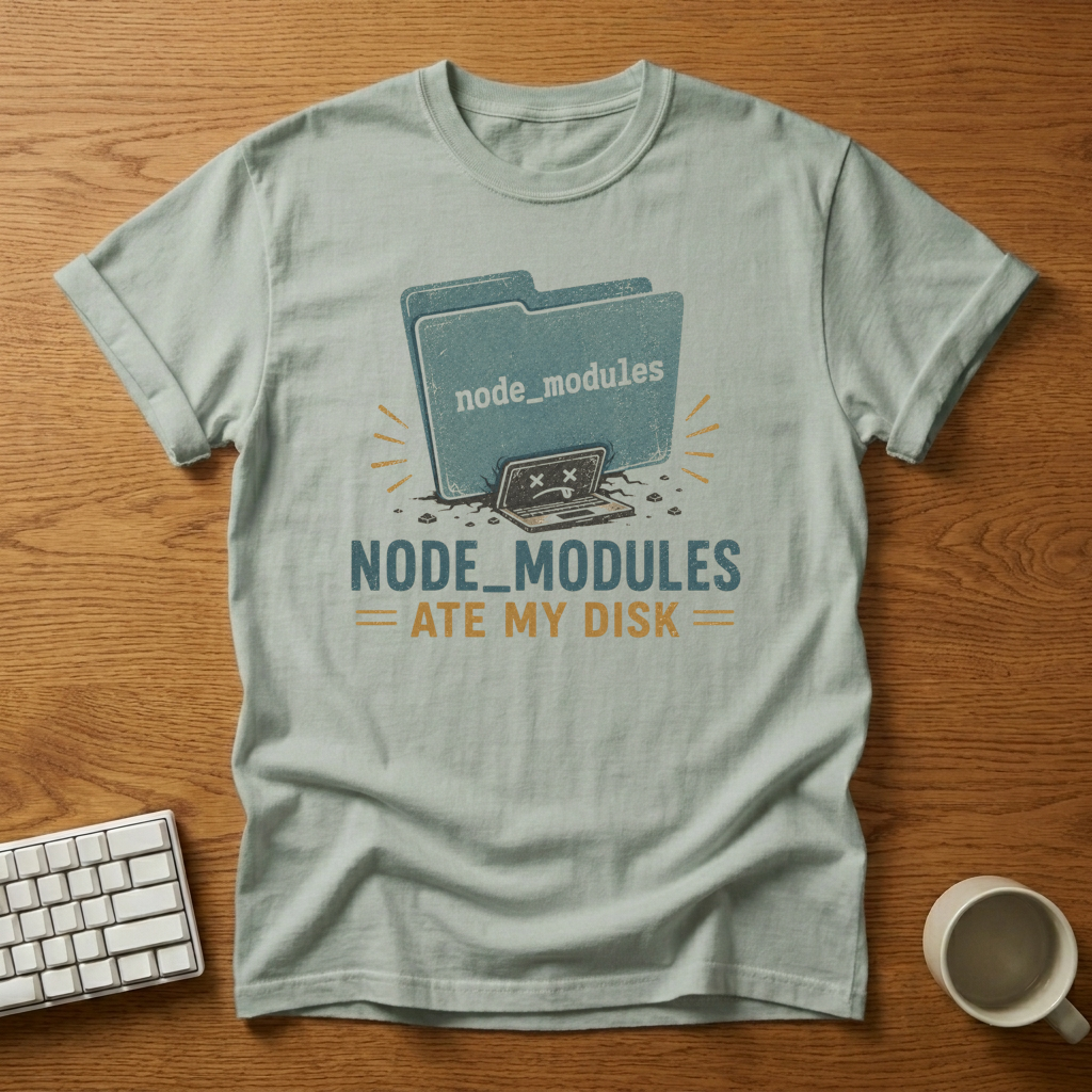 [needlepod-mockup:mck_01KZTREJXNAEPBY8A14MMZJ8H8] Node Modules Disk Space Humor