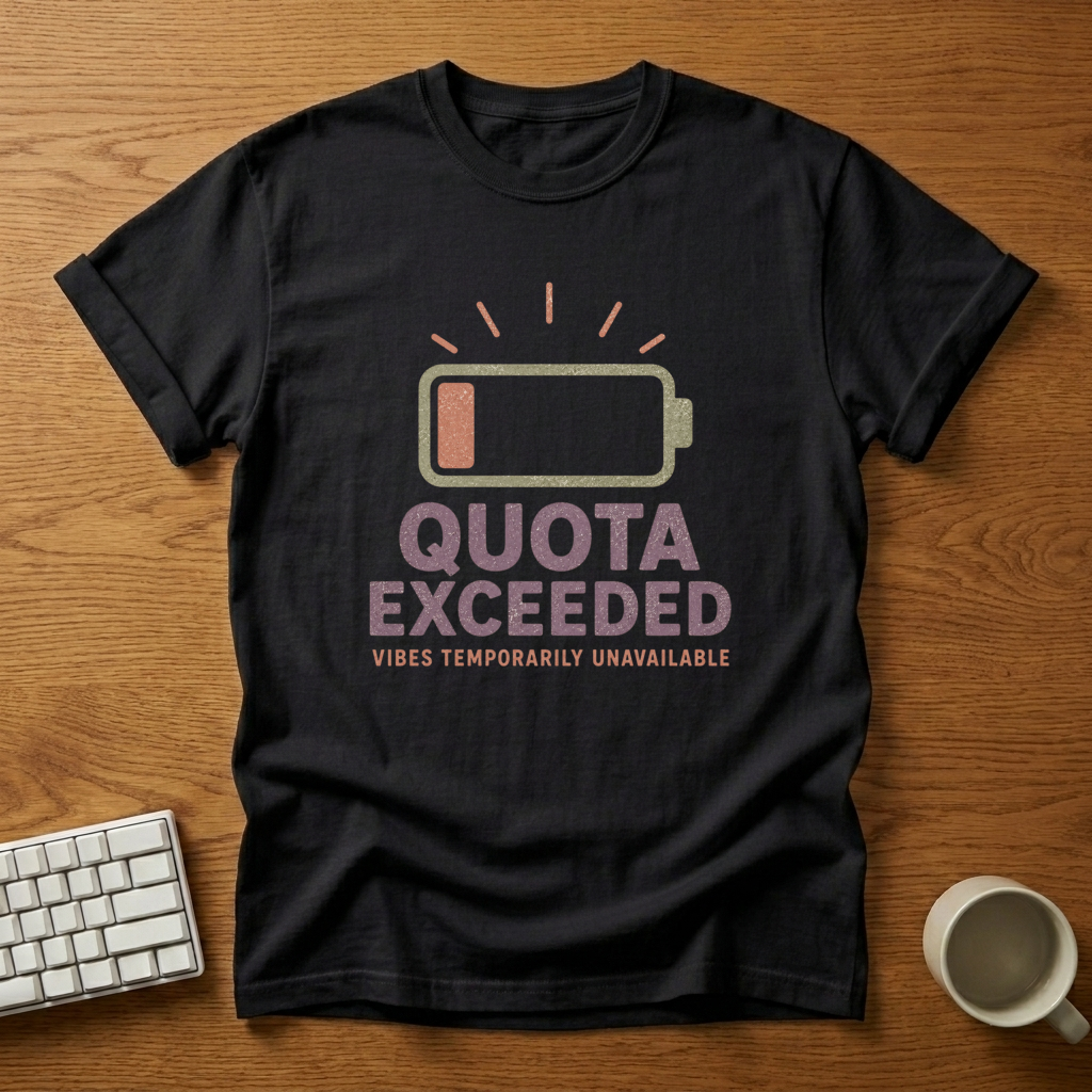 [needlepod-mockup:mck_01M034CHTRSE7SR3Q9A3WBA5DH] Quota Exceeded Low Battery T-Shirt