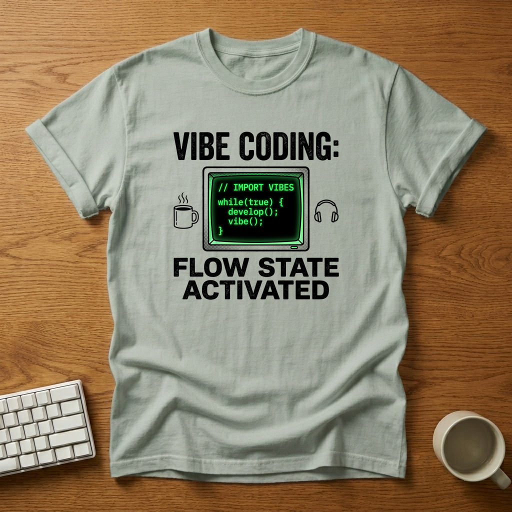 [needlepod-mockup:mck_01M04DWA8RJJXFYNZ26NRFTS02] Vibe Coding Flow State Retro Terminal T-Shirt