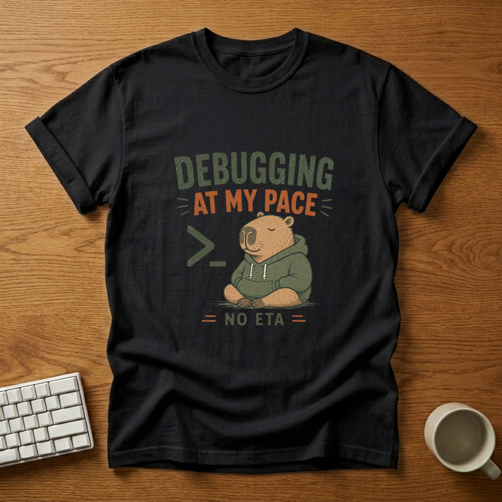 [needlepod-mockup:mck_01M04DTNF52BACR59BMVQPEJ13] Debugging at My Pace: No ETA T-Shirt