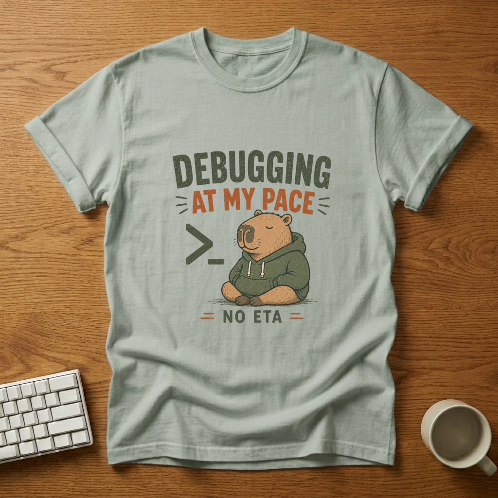 [needlepod-mockup:mck_01M04DTNF5K5FTH7YM6ZAY46PQ] Debugging at My Pace: No ETA T-Shirt