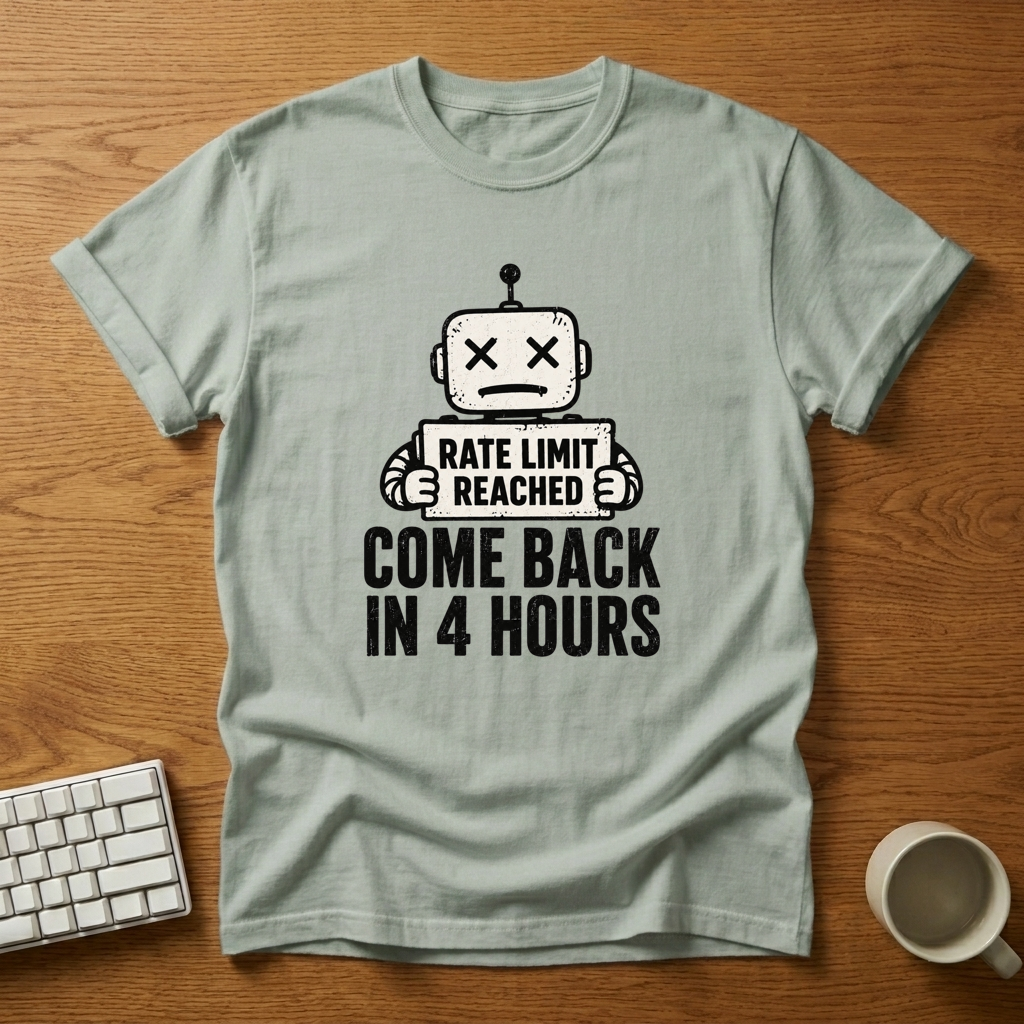 [needlepod-mockup:mck_01M04KE9AVTGM4ATX4S55A1G3A] Rate Limit Reached Robot T-Shirt