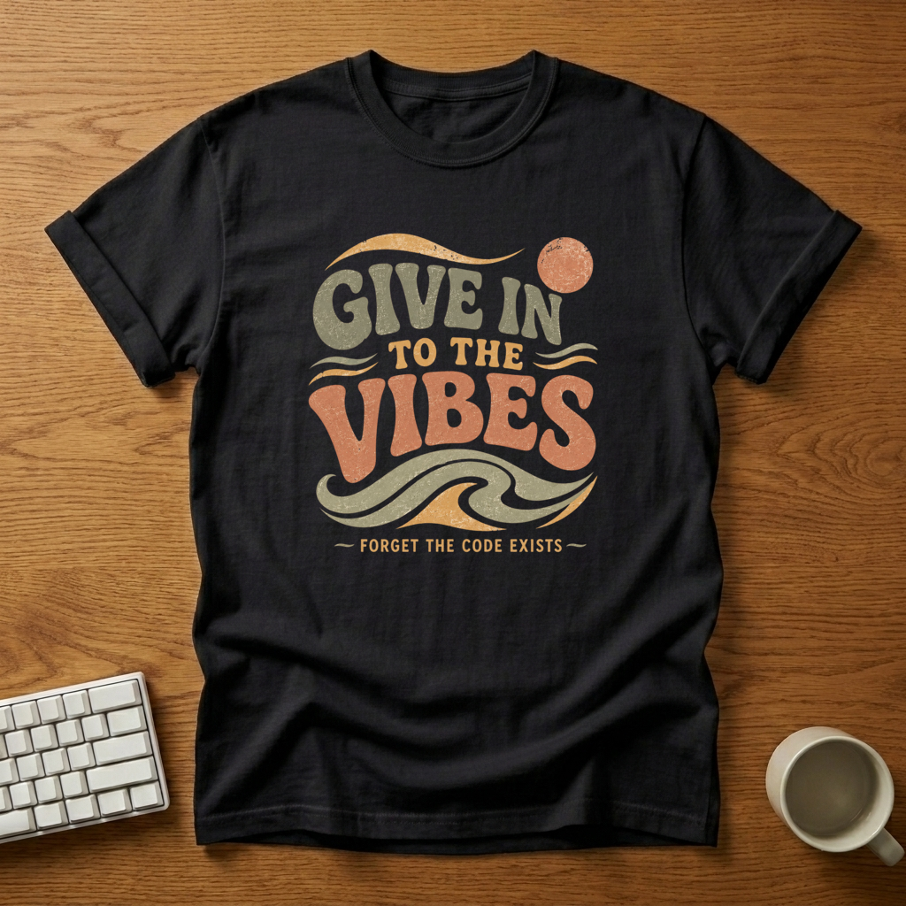 [needlepod-mockup:mck_01M04K549F3KTX8XAPGV8R2CWP] Give In To The Vibes Retro Developer T-Shirt