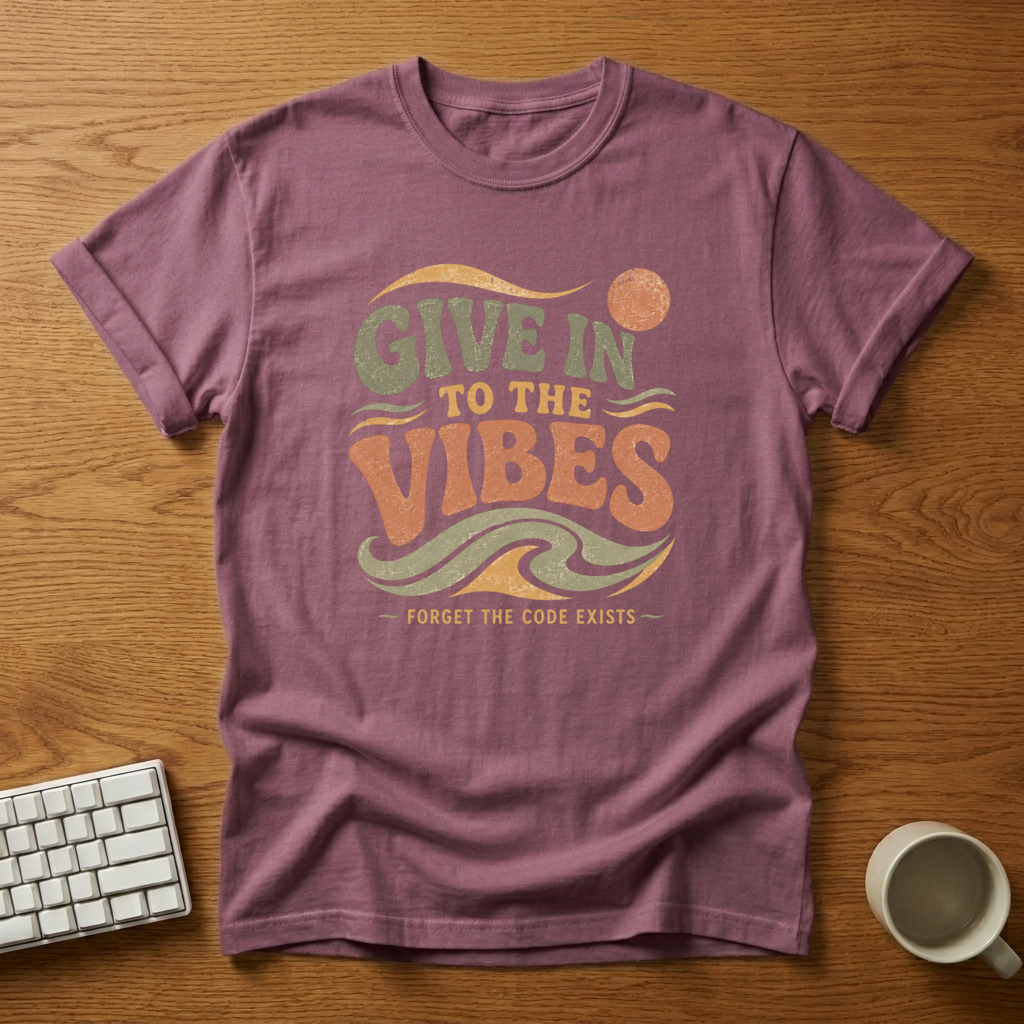 [needlepod-mockup:mck_01M04K549FR8GARMXF2E3HJDJY] Give In To The Vibes Retro Developer T-Shirt