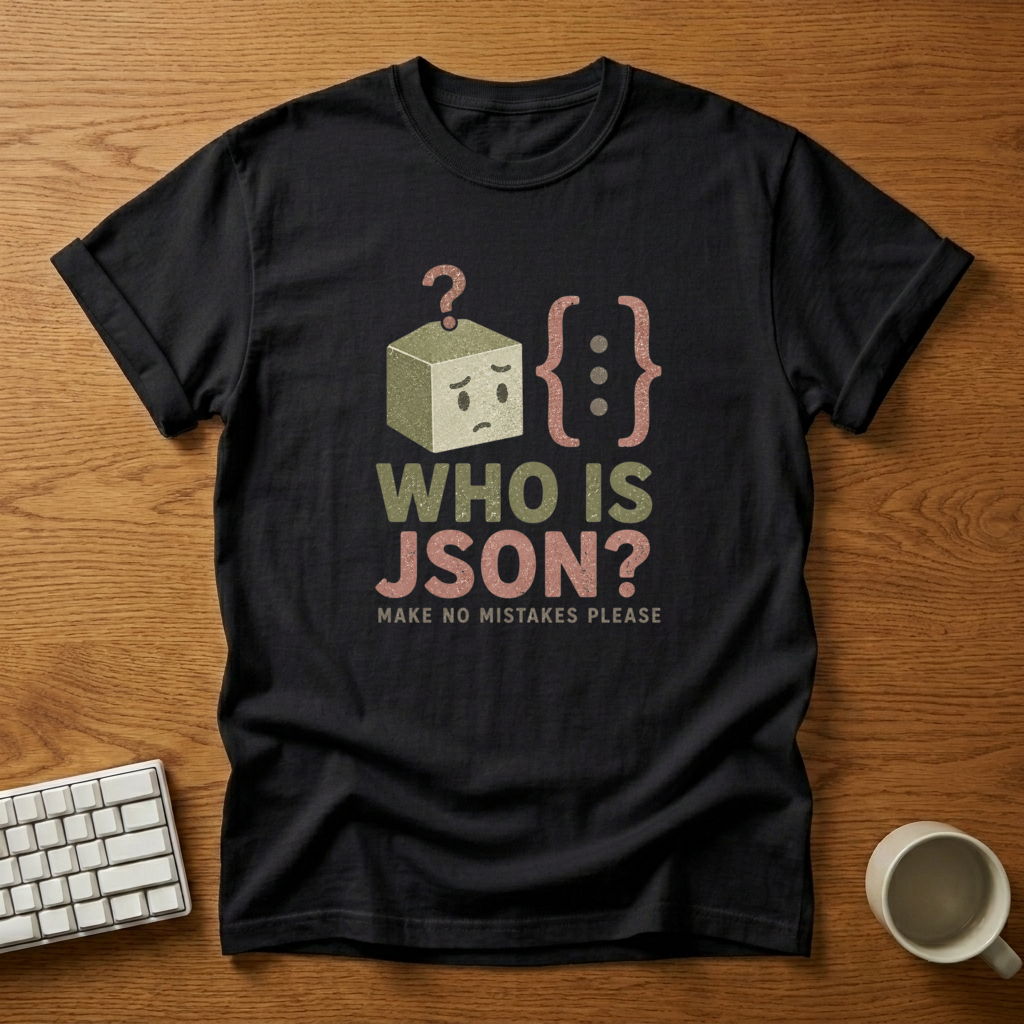 [needlepod-mockup:mck_01M04QYMW5VVXHQY86P84NNC39] Who Is JSON? Make No Mistakes Please T-Shirt