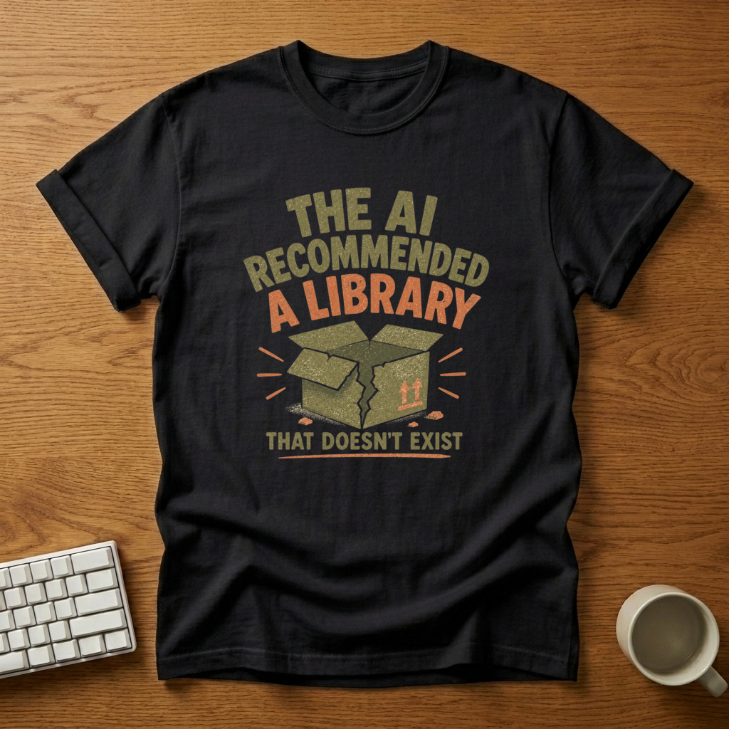 [needlepod-mockup:mck_01M04QSHHPPDW9NJMBR2YE88MC] The AI Recommended a Library That Doesn’t Exist T-Shirt