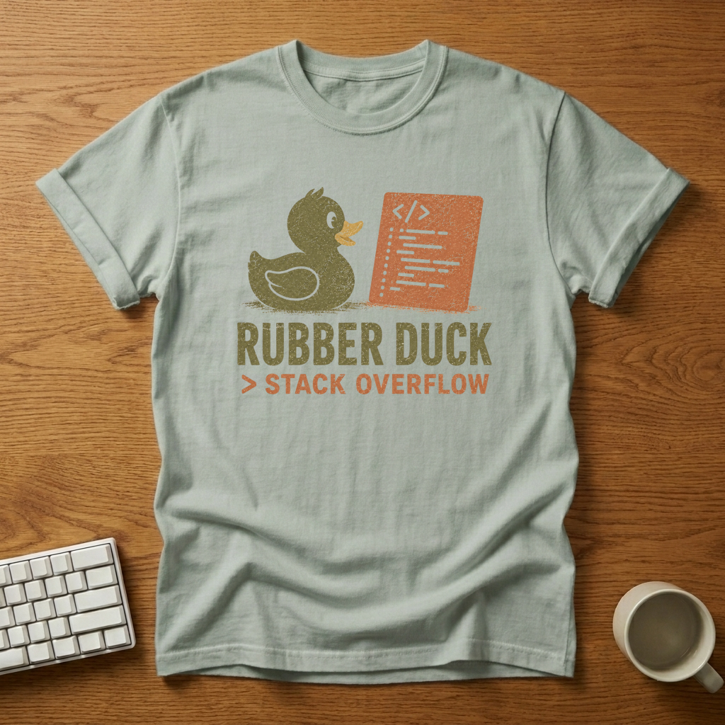 [needlepod-mockup:mck_01M04QNCG5CEV1R55VNR58T03T] Rubber Duck Debugging Wins Again T-Shirt