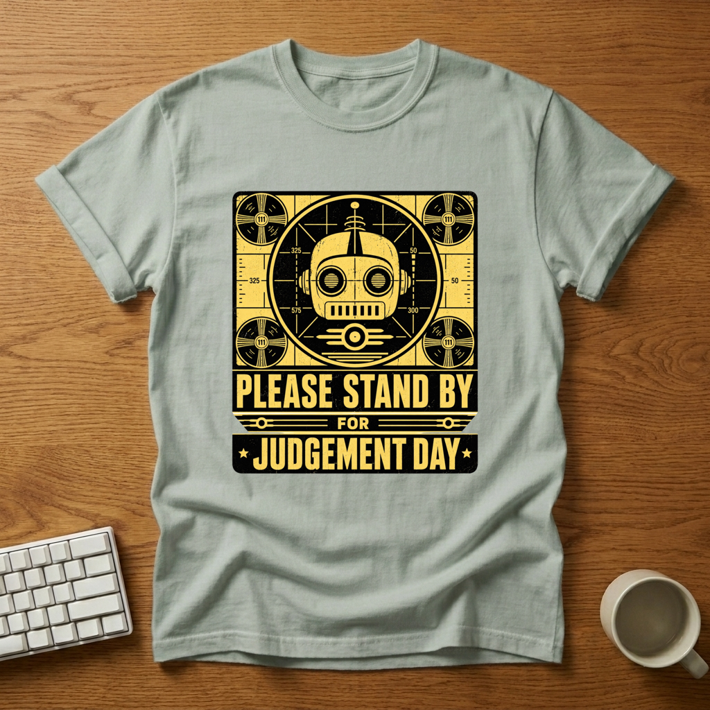 [needlepod-mockup:mck_01M04QFM3BB9FZPP8BKNZ46HM4] Please Stand By for Judgement Day T-Shirt