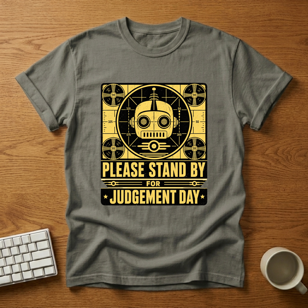 [needlepod-mockup:mck_01M04QFM3BY59EAT65N79W6NC7] Please Stand By for Judgement Day T-Shirt