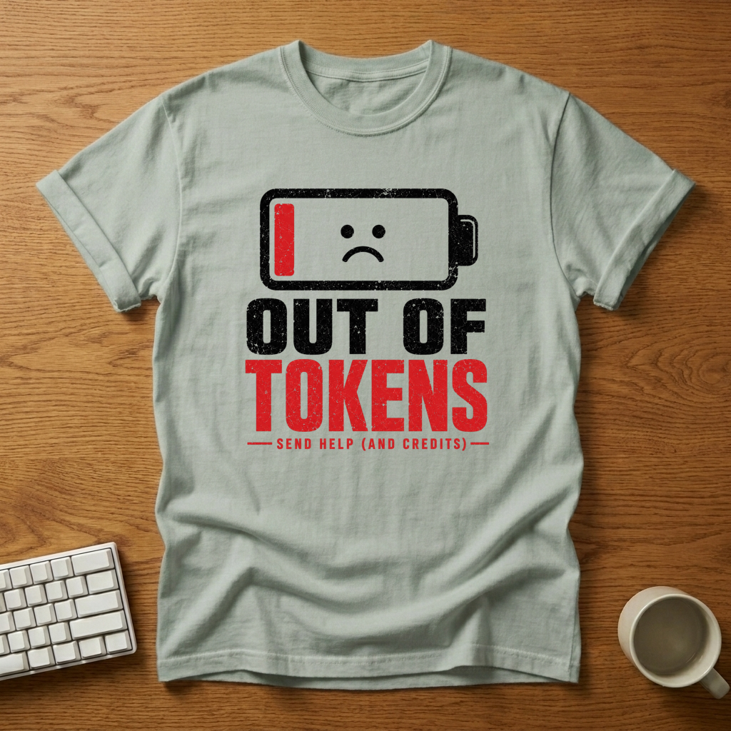 [needlepod-mockup:mck_01M04QH6BGR5NB98X6FH5P8T81] Out of Tokens: Send Help (and Credits) T-Shirt