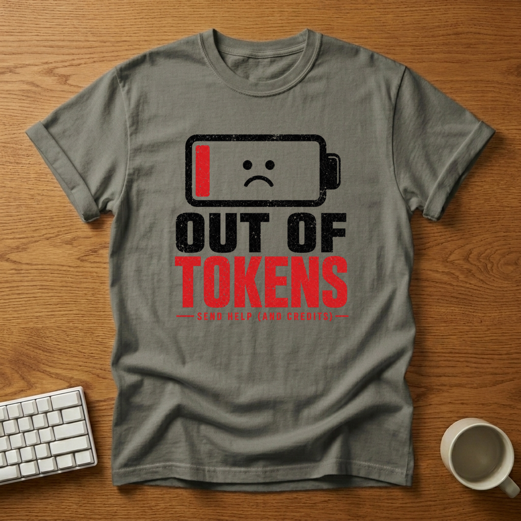 [needlepod-mockup:mck_01M04QH6BKS3JT0WNSH8Q9BE4K] Out of Tokens: Send Help (and Credits) T-Shirt