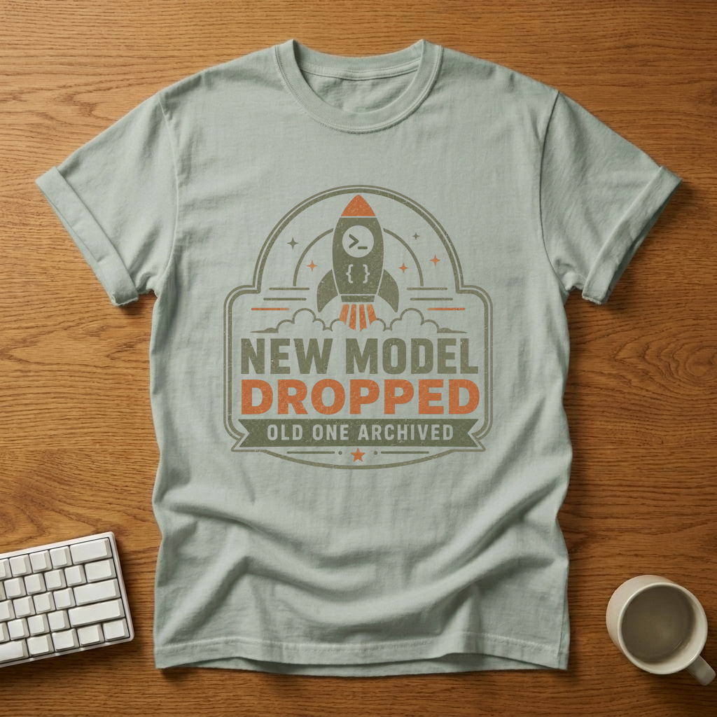 [needlepod-mockup:mck_01M04RXZKN9EQGRBQ6Q5R1Y8YT] New Model Dropped, Old One Archived T-Shirt