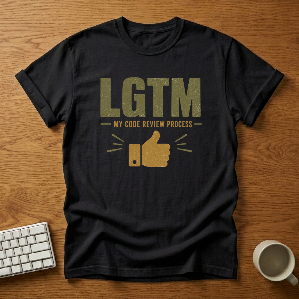 [needlepod-mockup:mck_01M04S2JV67NB2VZJ0WRWBNX0B] LGTM: My Code Review Process T-Shirt