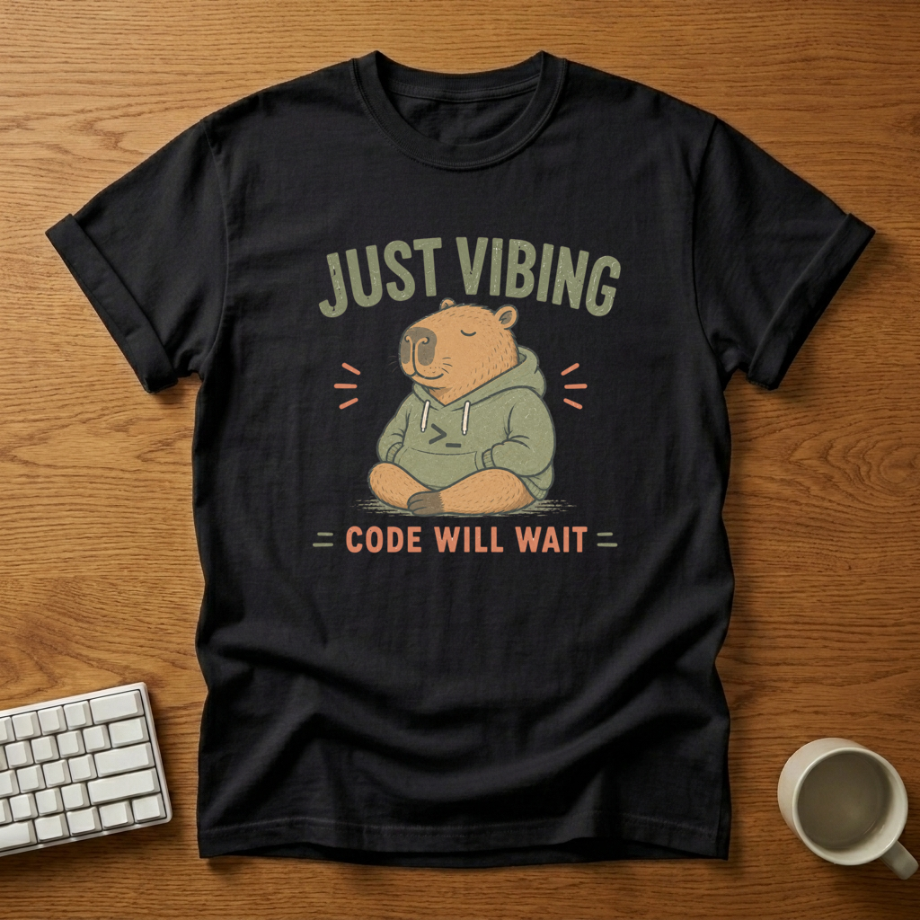 [needlepod-mockup:mck_01M04S31RX09YH2N22RWSM4FDK] Just Vibing Meditating Capybara Coder T-Shirt