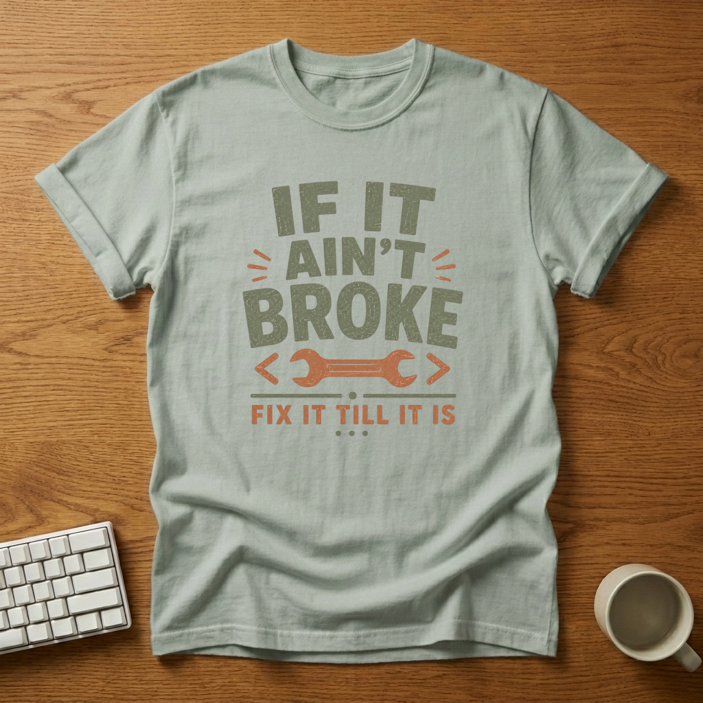 [needlepod-mockup:mck_01M04RREFGR4VAK8CQ9S16XWK7] If It Ain’t Broke, Fix It Till It Is T-Shirt
