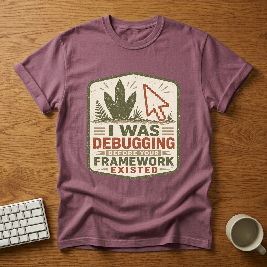 [needlepod-mockup:mck_01M04RSC486VJ9KG9A5YH4XBNY] I Was Debugging Before Your Framework Existed T-Shirt