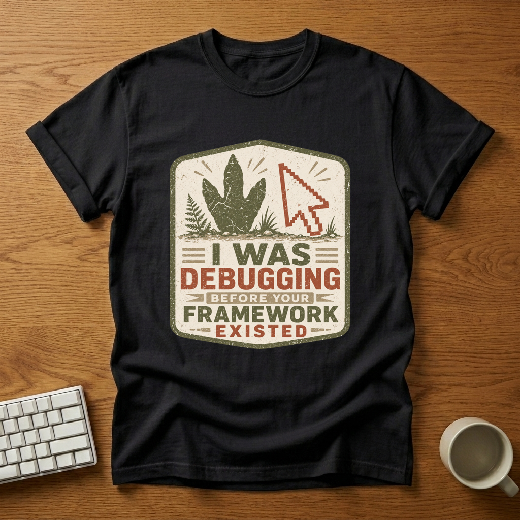[needlepod-mockup:mck_01M04RSC48G23XMZFKHXJ2XT4Y] I Was Debugging Before Your Framework Existed T-Shirt