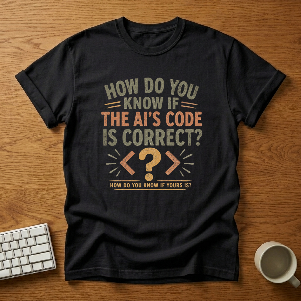 [needlepod-mockup:mck_01M04RKTJZ03EXTK5K594B4RY2] AI Code Skepticism: How Do You Know Yours Is? T-Shirt