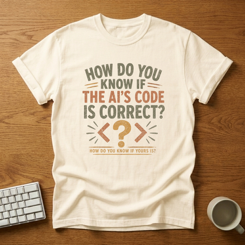 [needlepod-mockup:mck_01M04RKTJZJGM5FCHZRG704VYY] AI Code Skepticism: How Do You Know Yours Is? T-Shirt