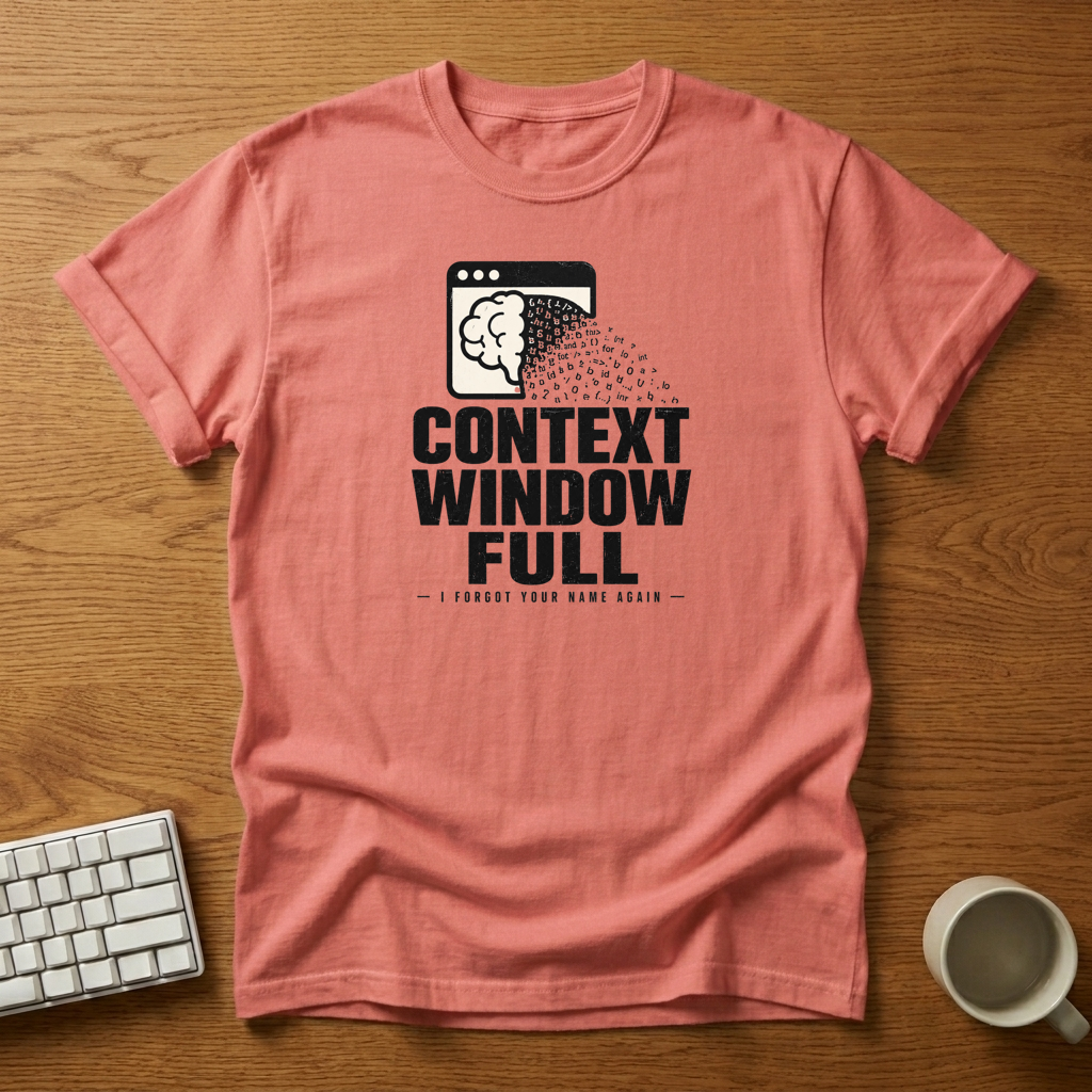 [needlepod-mockup:mck_01M04RH1FE46EHWBKM8ZEW98JJ] Context Window Full: I Forgot Your Name Again T-Shirt