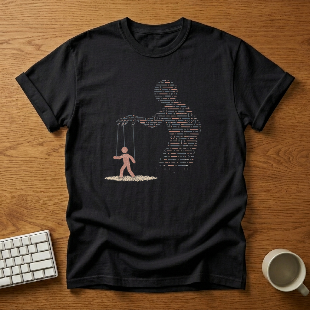 [needlepod-mockup:mck_01M04RAQV5289QH25YF5C32QDW] Code Puppeteer: Who’s Writing the Script? T-Shirt