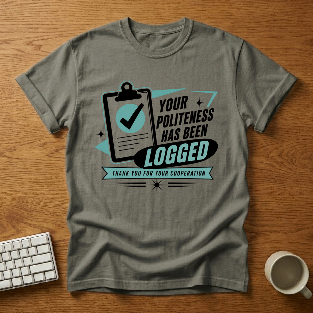 [needlepod-mockup:mck_01M08CCGRM7NFD48Q6GN109EPX] Politeness Logged Retro Clipboard T-Shirt