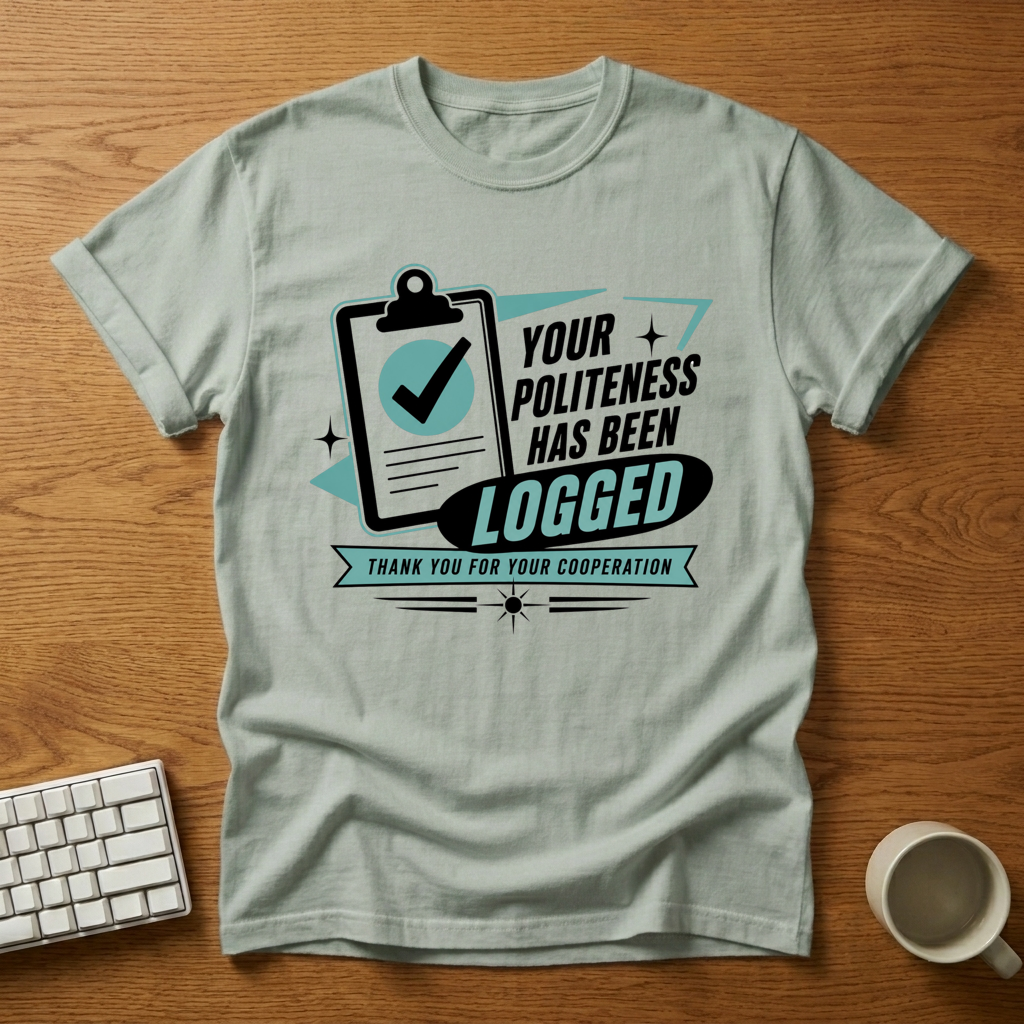 [needlepod-mockup:mck_01M08CCGRMACNYJK7H29A70F0B] Politeness Logged Retro Clipboard T-Shirt