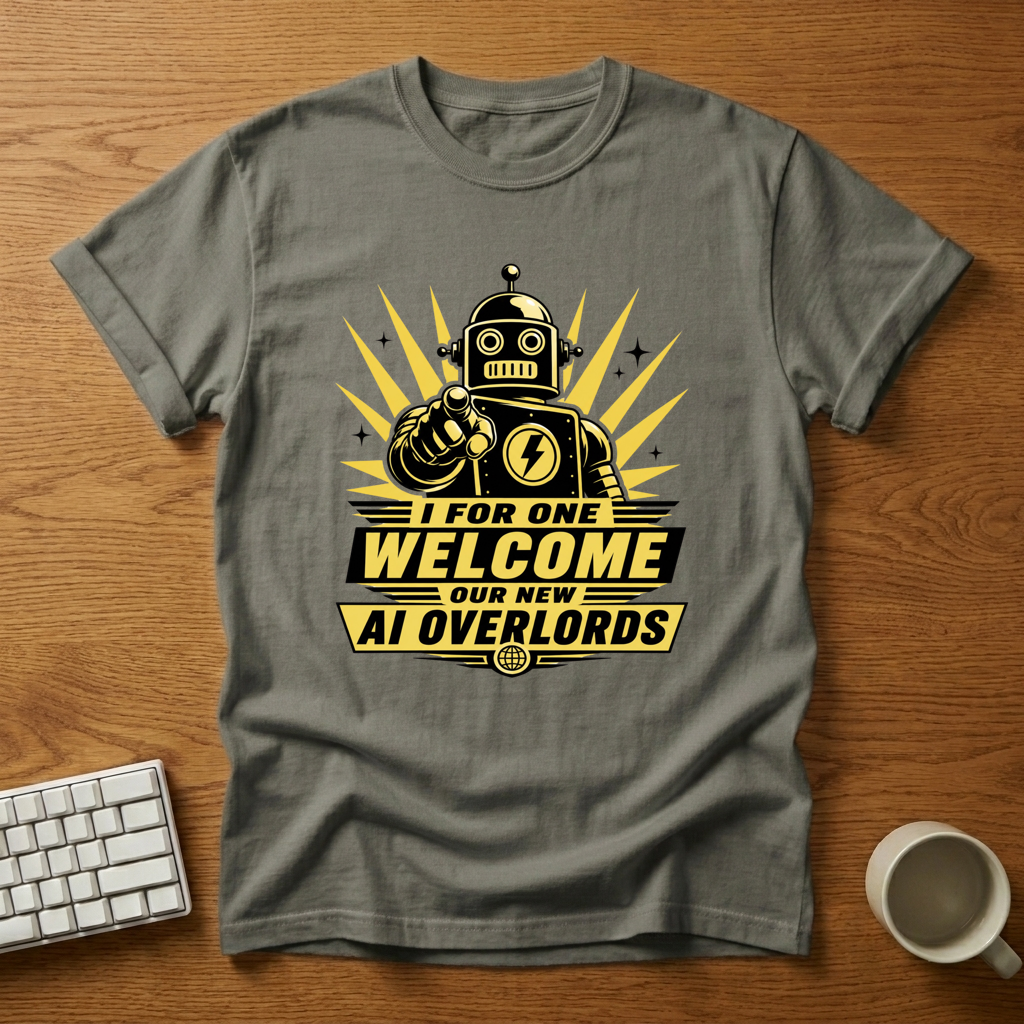 [needlepod-mockup:mck_01M08CBJJE9V2QFBHA6GPHE1FC] I For One Welcome Our New AI Overlords T-Shirt