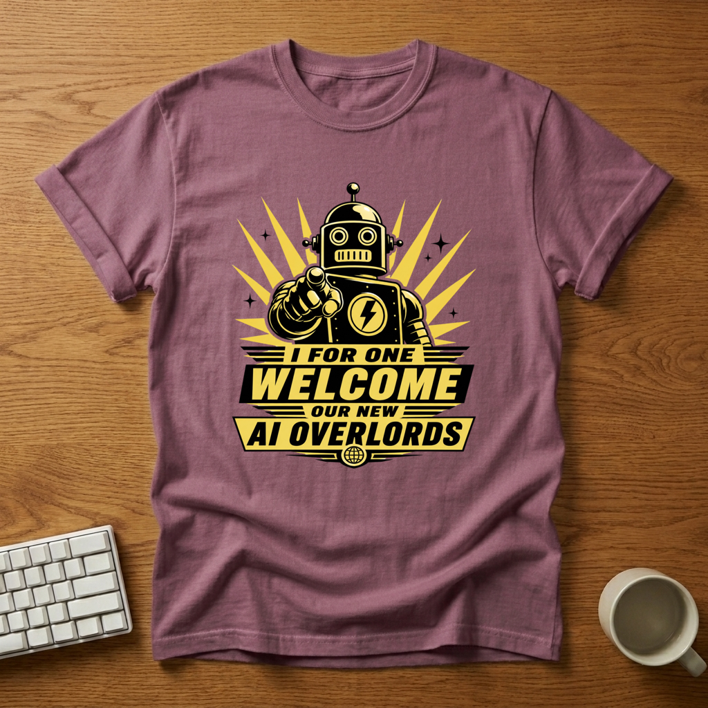[needlepod-mockup:mck_01M08CBJJENP8FPAFCTX0YFK4Y] I For One Welcome Our New AI Overlords T-Shirt