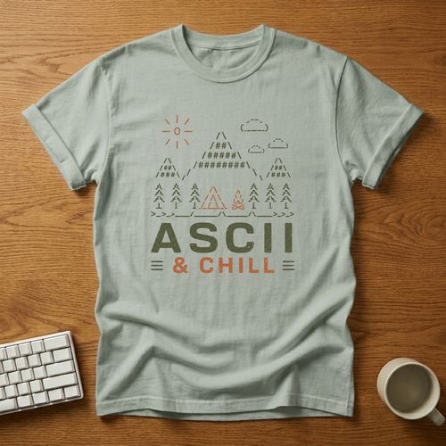 [needlepod-mockup:mck_01M08C522S0X38NTVXKAXPXHEG] ASCII & Chill Camping Retro Dev T-Shirt