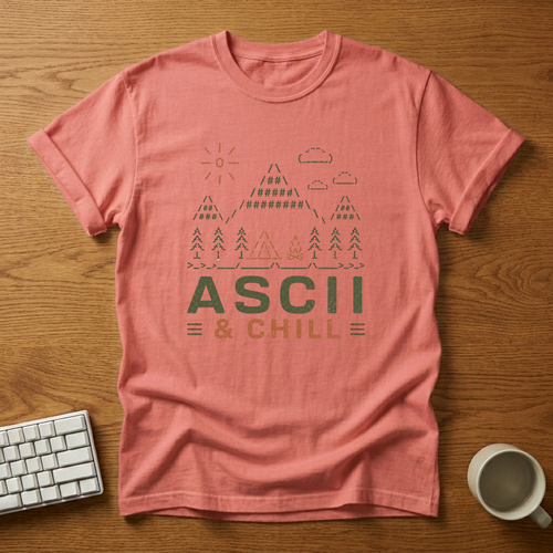[needlepod-mockup:mck_01M08C522SGS68MQC81G16H3X9] ASCII & Chill Camping Retro Dev T-Shirt