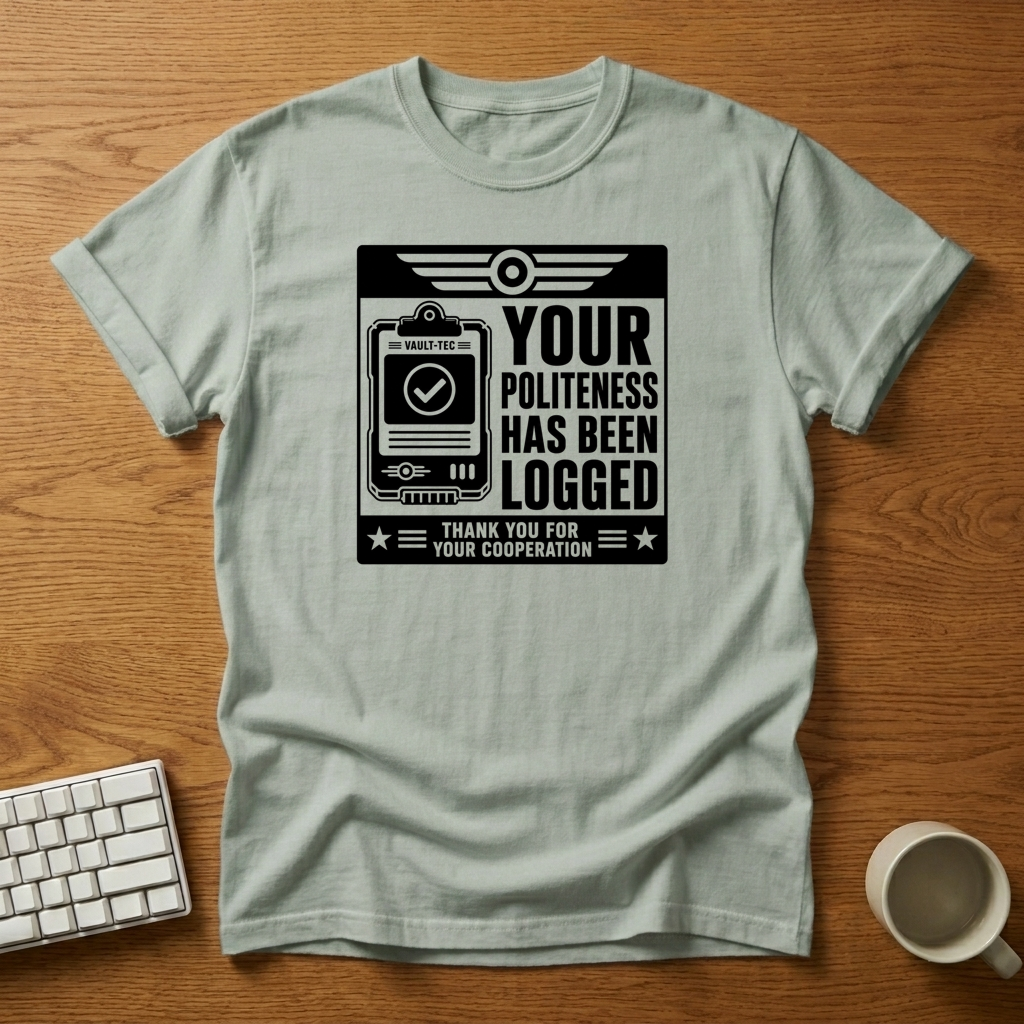 [needlepod-mockup:mck_01M0BHEZZKFRX0F9ZMXGAYSBF2] Vault-Tec Politeness Log T-Shirt