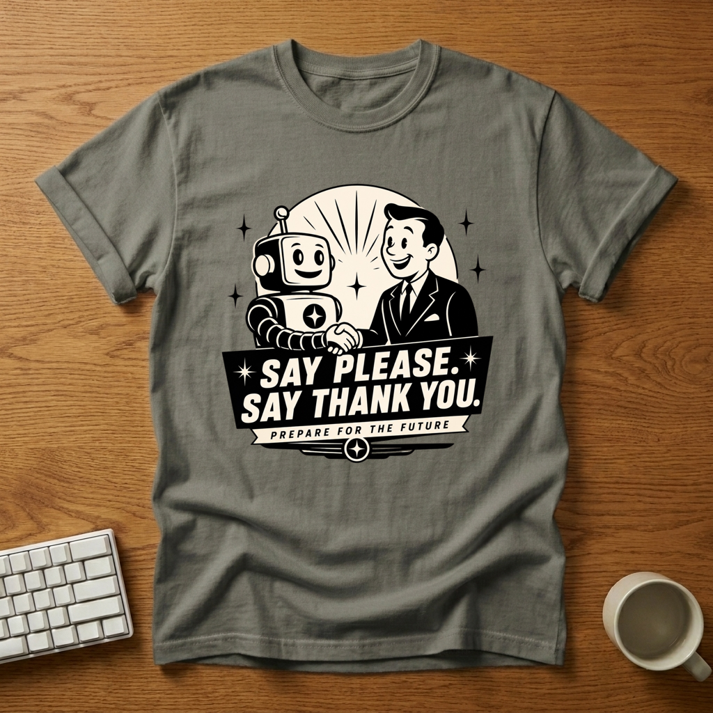 [needlepod-mockup:mck_01M08C51G24ETWCT8WBS0K38HY] Polite Robot Handshake: Future-Proof Your Manners T-Shirt