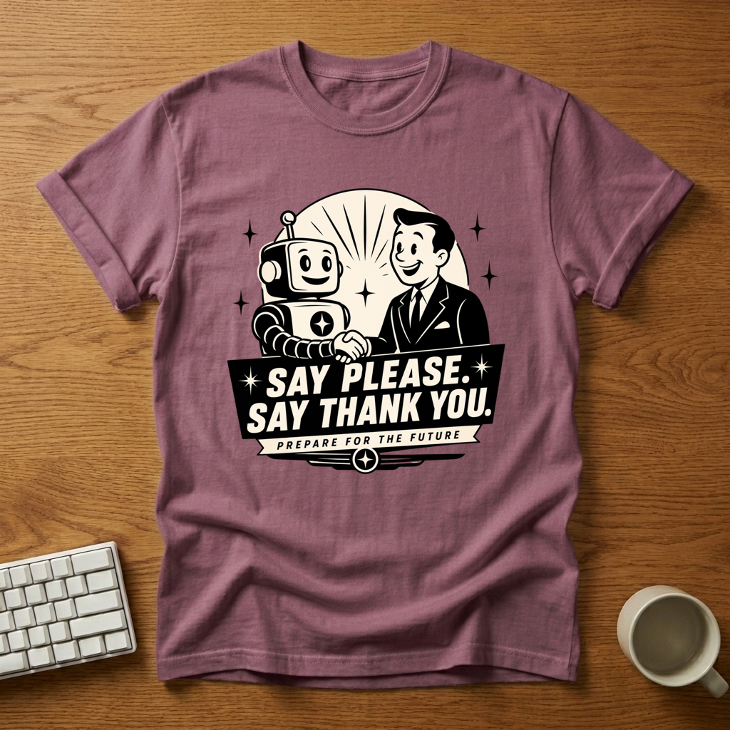 [needlepod-mockup:mck_01M08C51G2R2CA6YAZ83F75YDQ] Polite Robot Handshake: Future-Proof Your Manners T-Shirt