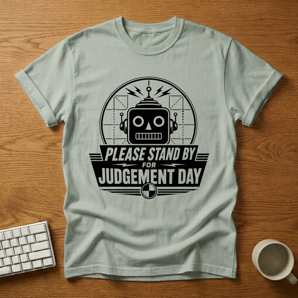 [needlepod-mockup:mck_01M08BD2NNV200HGCE89G691WH] Please Stand By Robot Judgement Day T-Shirt