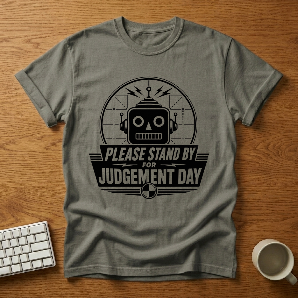 [needlepod-mockup:mck_01M08BD2NNXEM42YQ67B4HDT5F] Please Stand By Robot Judgement Day T-Shirt