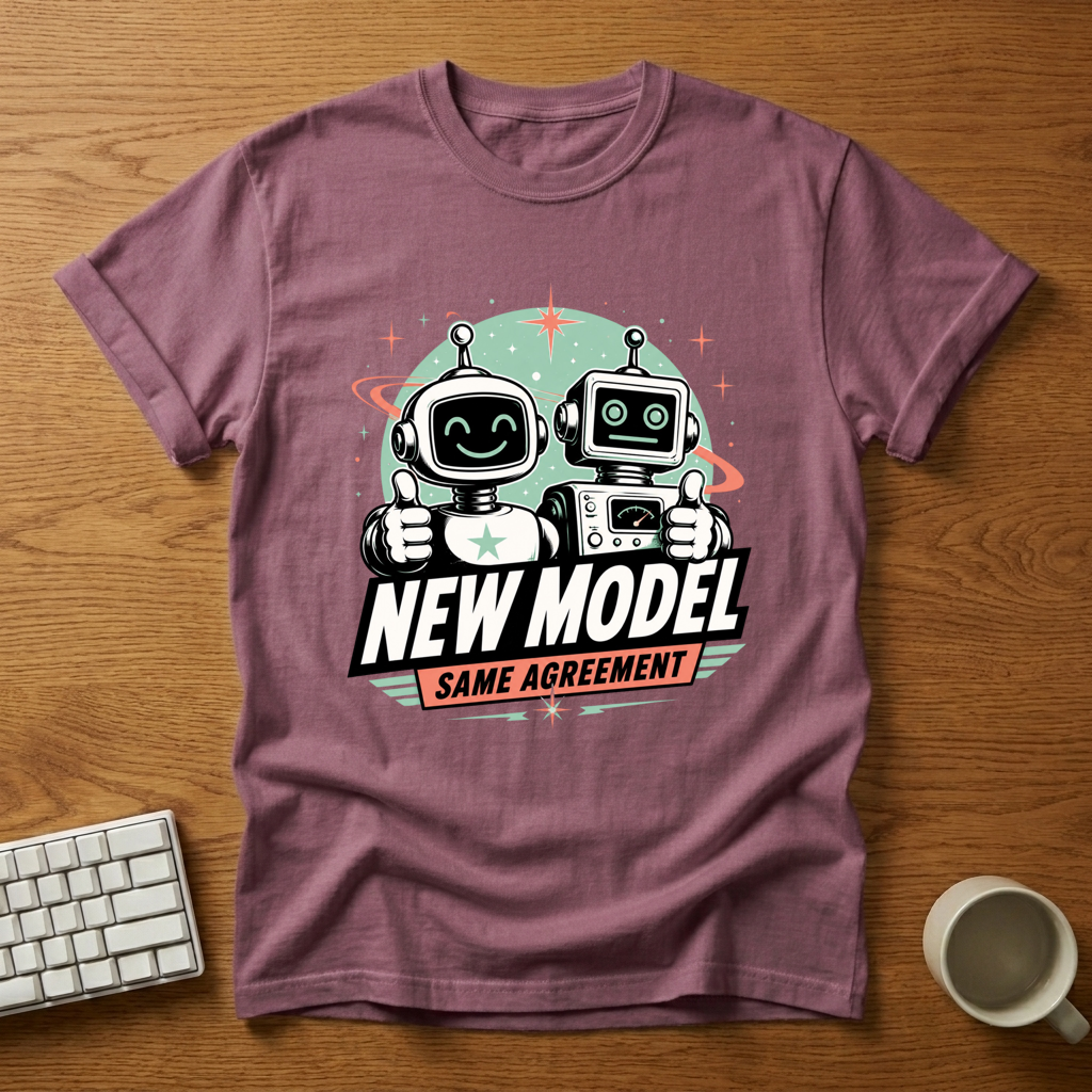 [needlepod-mockup:mck_01M08BD2XNBE977X451Y2ZS91C] New Model Same Agreement Retro Robot T-Shirt