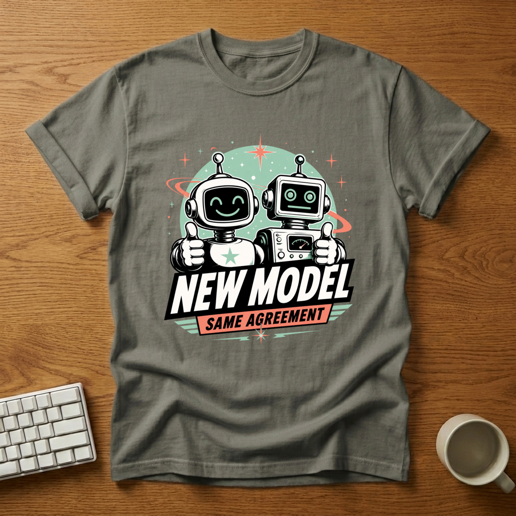 [needlepod-mockup:mck_01M08BD2XNJFG721ACXXDENRW3] New Model Same Agreement Retro Robot T-Shirt