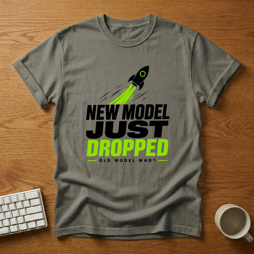 [needlepod-mockup:mck_01M08BD34B6Y6S7JBF7E63GHMC] New Model Just Dropped, Old Model Who? T-Shirt