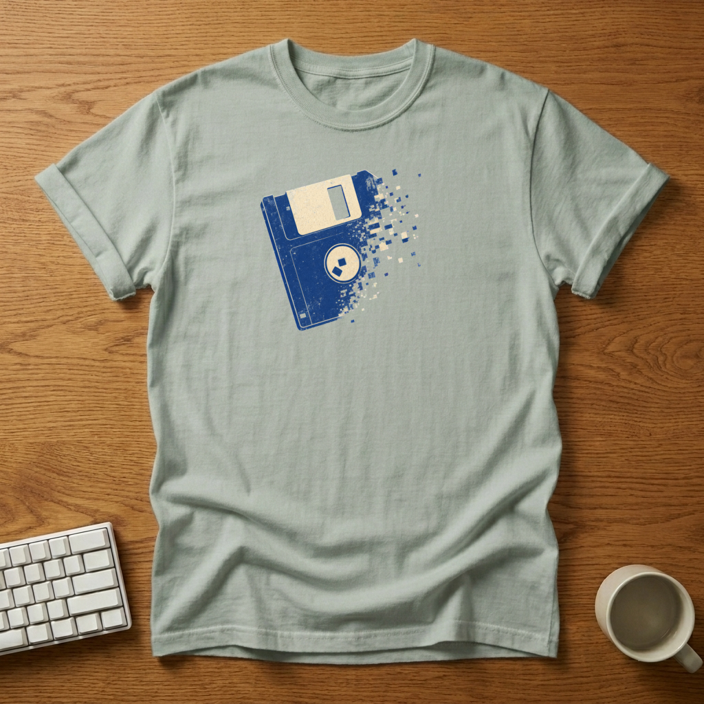 [needlepod-mockup:mck_01M0Q6KM05B6MSZ76N3FJ0VPGZ] Disintegrating Floppy Disk Retro Tech T-Shirt